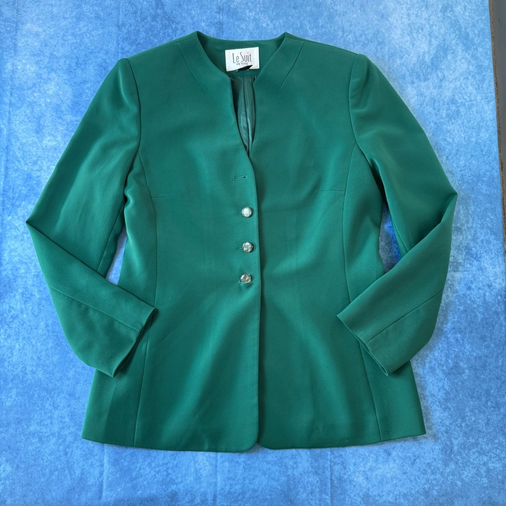 Le Suit Petite Womens Green Collarless 3 Button Blazer Jacket Size 6P Vintage‎